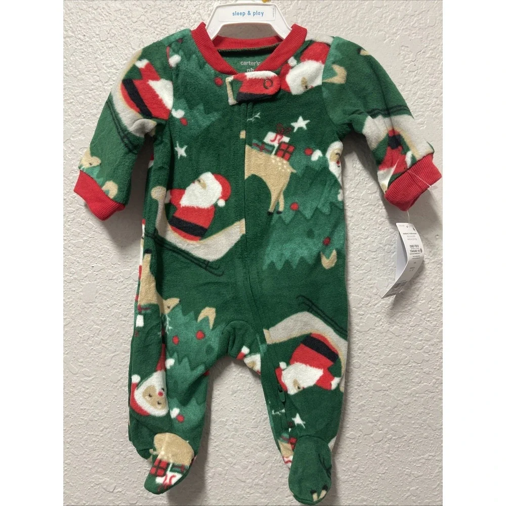 Carter's Newborn Baby 1-Piece Christmas Santa Fleece Footie Pajamas, Green, New